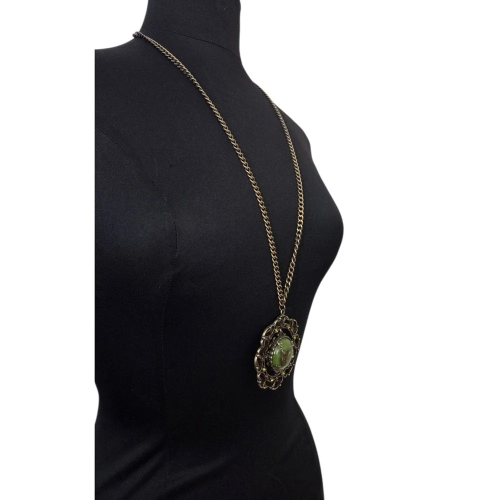 Owl Pendant Statement Necklace Faux Jade Bronze Tone Chain Ribbon‎ Rhinestones